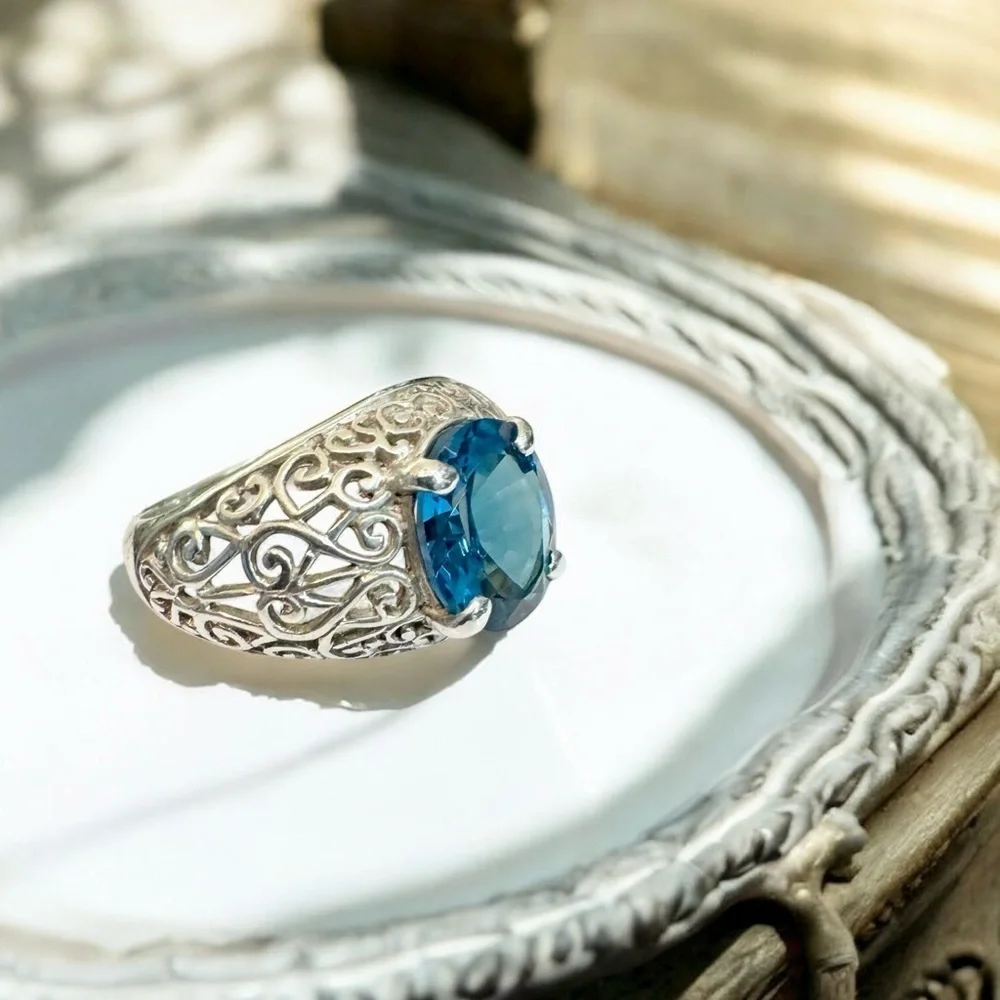 Estate London Blue Topaz Sterling Silver Ring (8.75)